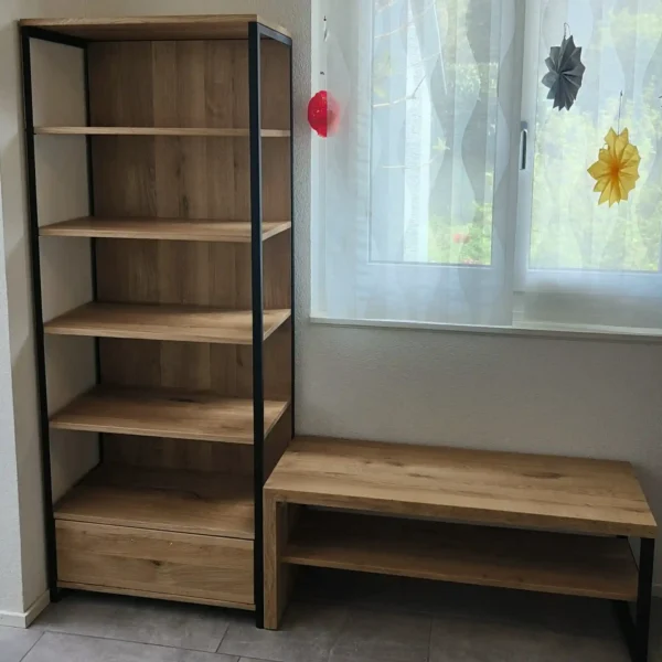 Industrial oak bookcase with bench HUGON II - realization