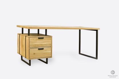 Industrial oak desk with drawers on black metal legs to office HUGON