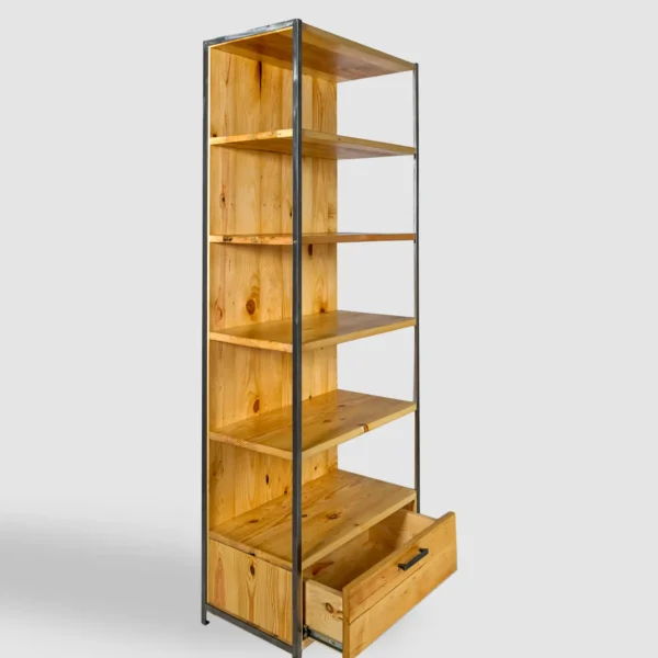 Industrial shelving unit made of solid wood with shelves