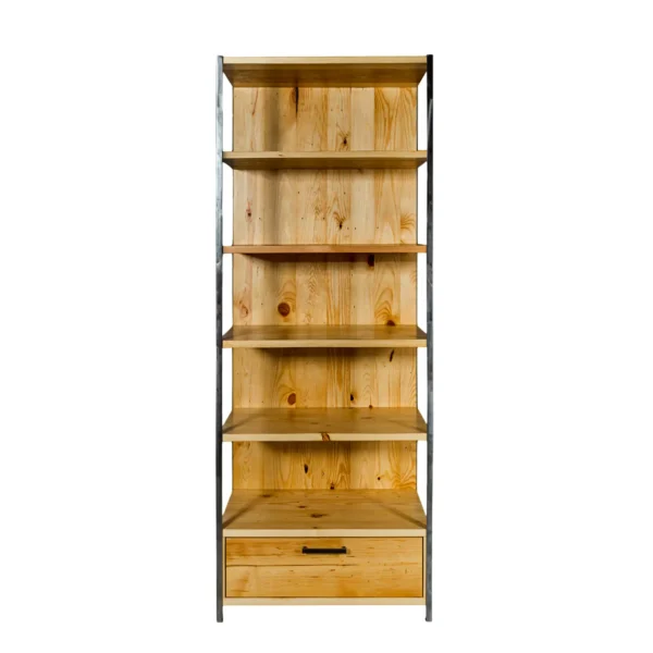 Industrial shelving unit made of solid wood with shelves