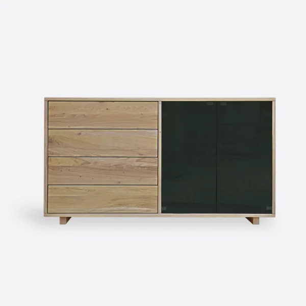 Living room chest of drawers bleached oak, black glass BERGEN