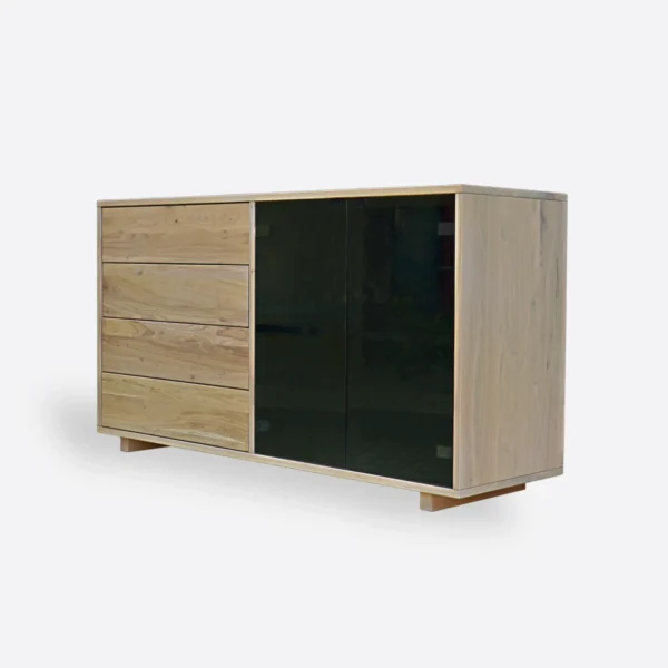 Living room chest of drawers bleached oak, black glass BERGEN