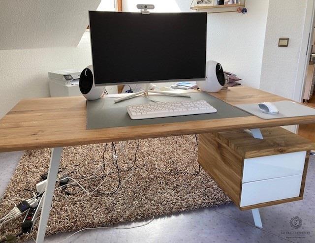 Designer oak desk on steel legs to office VITA, legs - white steel, leather insert - grey color, drawers fronts - white glass