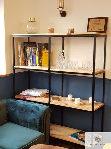 Oak bookcase of solid wood and black steel to office