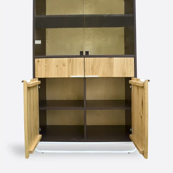 A modern display case made of oak wood with glass for the DENIS living room