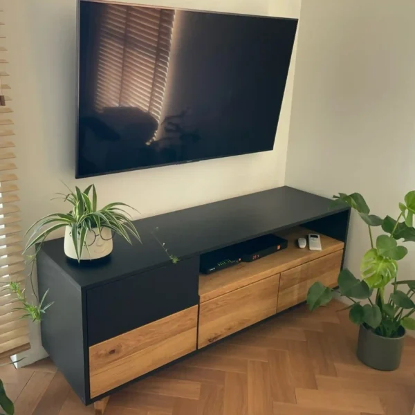 TV cabinet wood color honey / black board NORD - realization