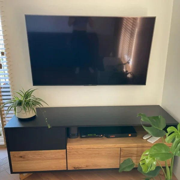 TV cabinet wood color honey / black board NORD - realization