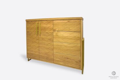 Oak chest of drawers with herringbone pattern and metal legs for order CARIN