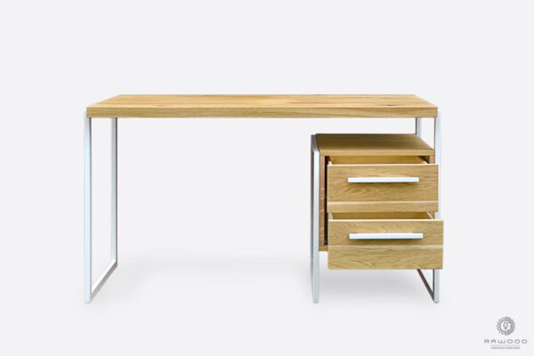 Solid wood desk with drawers and white metal legs and handles to office