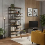 industrialny regał DERA dębowe półki, stalowa konstrukcja