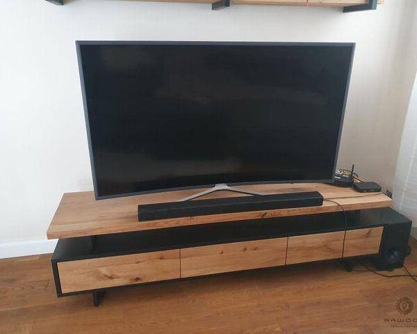 Nowoczesna szafka RTV z drewna dębowego i płyty z metalowymi nogami do salonu NESCA